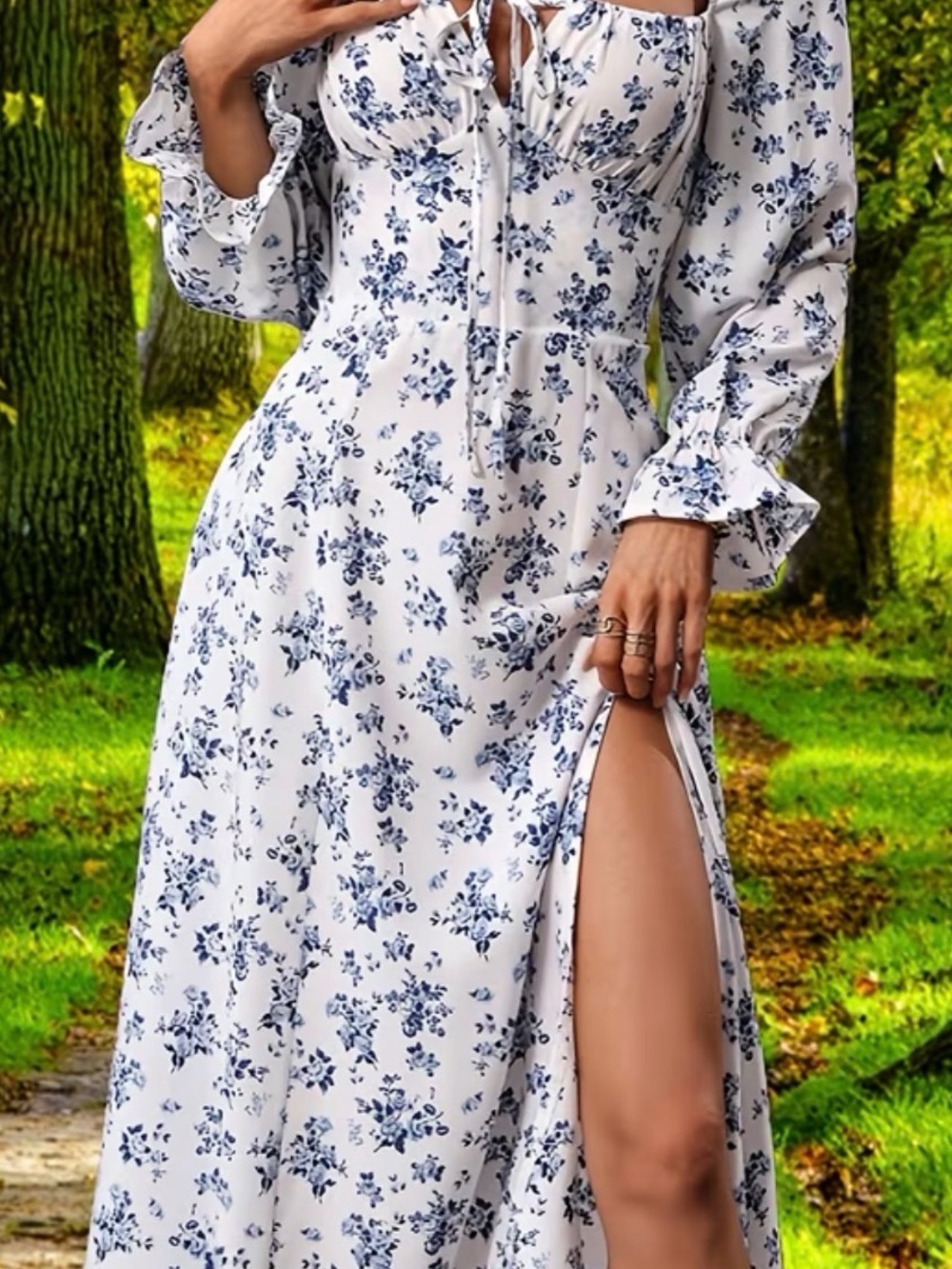 Floral Off-Shoulder Maxi Dress with High Slit - White & Blue